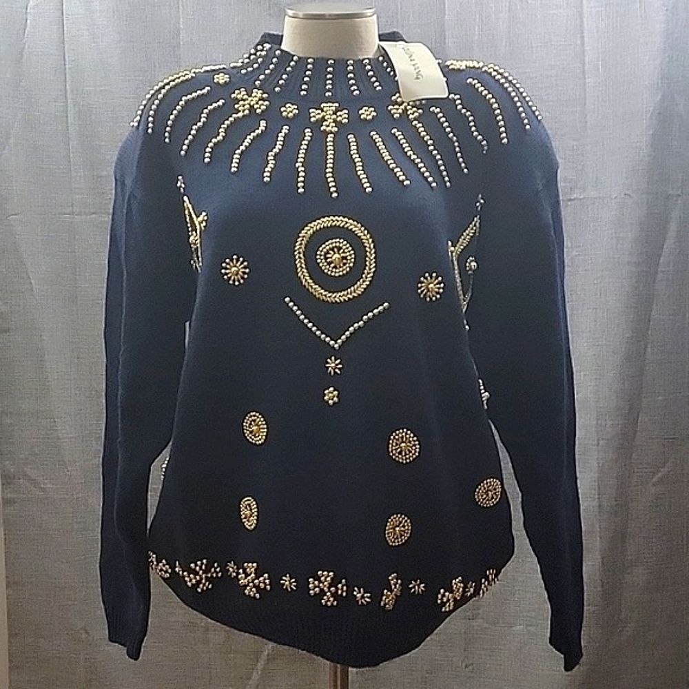 Celina Yang NWT Embellished Blue Gold Cowl neck 80s sweater Ramie Women's SZ XL